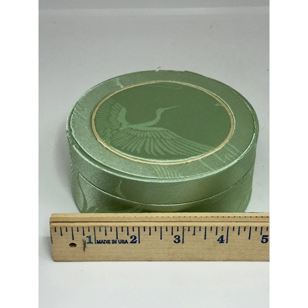 VTG Jewelry Box Green Satin Crane Bird Embroidered Round Padded Storage Case